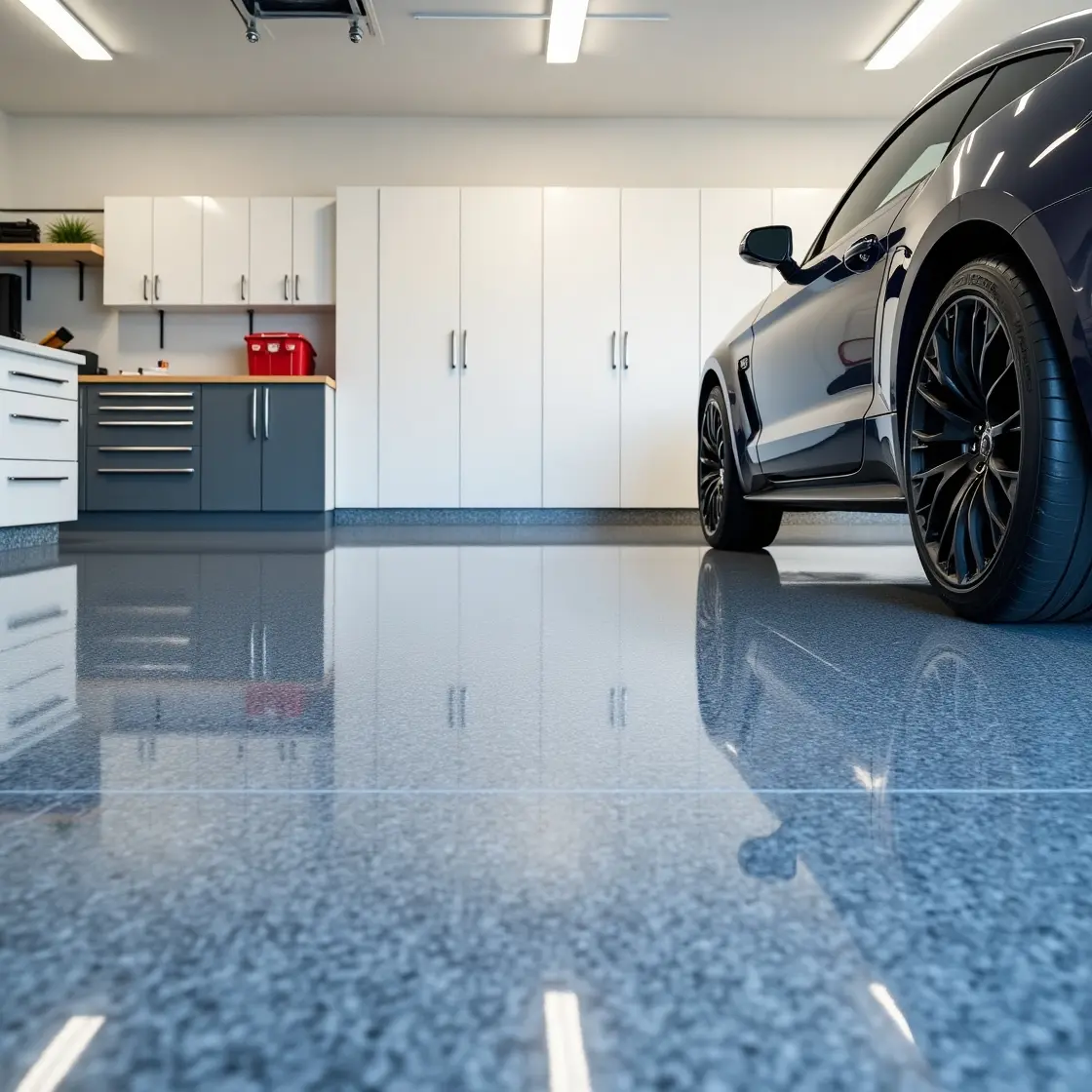 A glossy epoxy coated garage floor